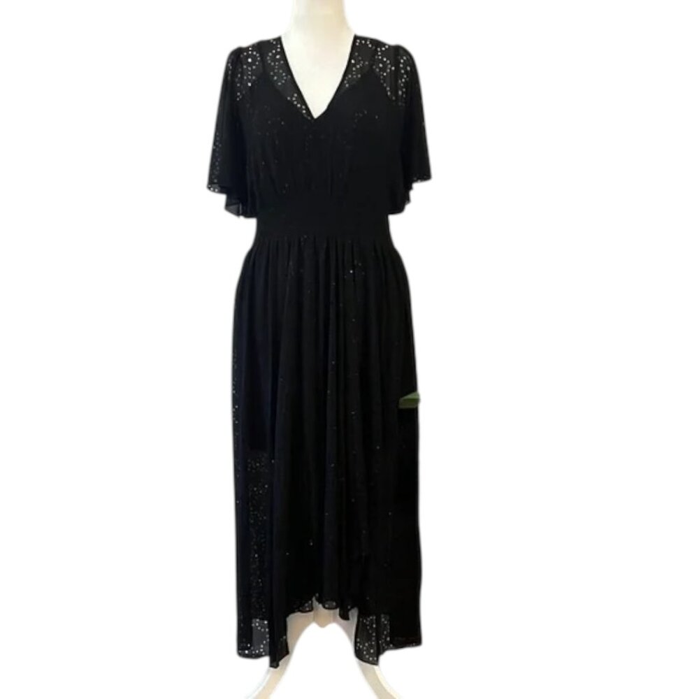 LOVESTITCH | NWT Embroidered Black Boho Midi Dress with Flutter Sleeves (Size L)